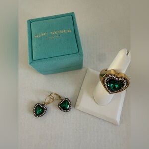 Kurt Geiger Gold Heart Ring and Drop Earrings with Emerald Green Crystals